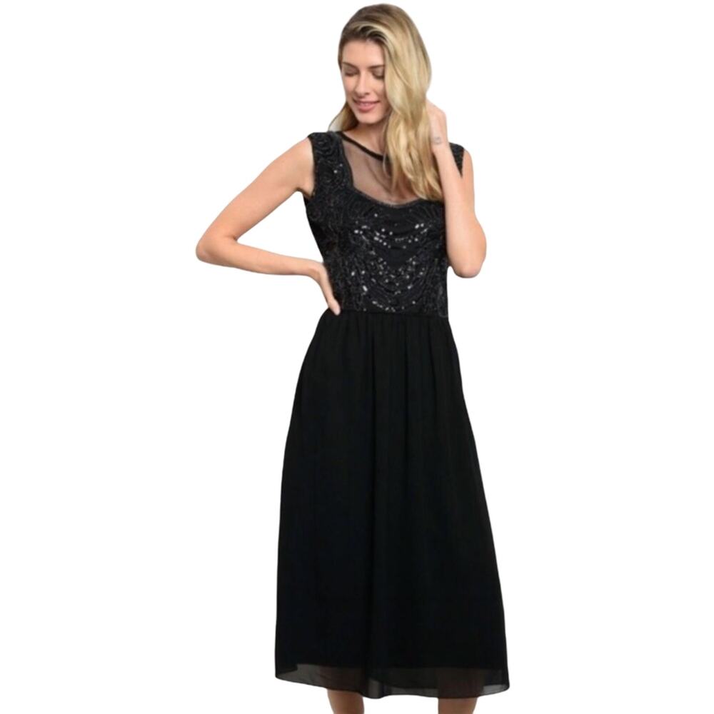 VERTY Black Chiffon Dress Illusion Mesh Neck Embellished Sequins Midi Silhouette